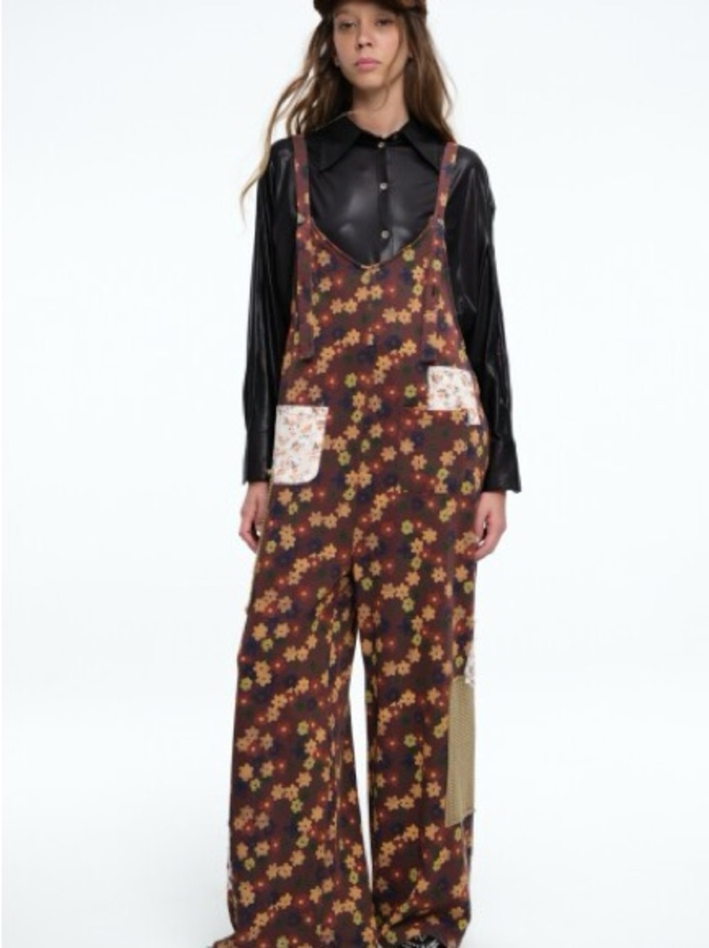 POL Brown Floral Wide-Leg Overalls with Patch Pockets